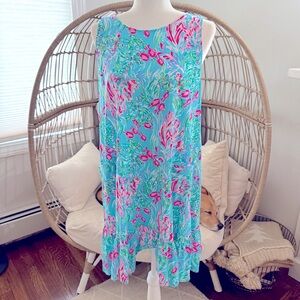 Lilly Pulitzer Pima Cotton Dress M Swim With the Fishes Blue Pink Fish Print